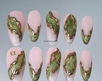 River Running Through Forest | Press On Nails, Acrylic Nails, Reusable Fake Nails, Custom Nails, Handmade Nails, Flower Nails