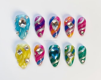 Gothic Lila Grün Herbst Press On Nails lange Mandel Nägel/Gothic Nägel/3D Chrom Nägel/Metallic Silber Nagel/Stern Nägel/Y2k Nägel/Gyaru Nägel