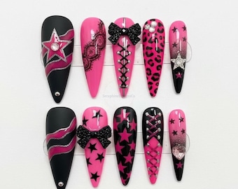 Pink Black Y2K Press On Nails | Barbiecore Nail Art with Glitter, Stars & Hearts | Handmade Long False Nails Set