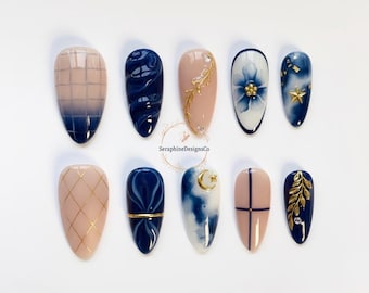 Blue Flower Press on nails long almond nails/Blooming Blue Nails/3D Flower Nails/Red Nails/Holiday Nails/crocodile pattern nails/Fall Nails
