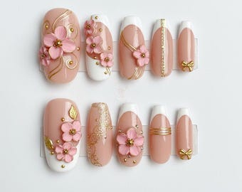 Wedding Bloom Flower White French Press On Nails Short Almond Nails/White French nails/Flower Nails/Pink Nails/Elegant Nails/Wedding Nails