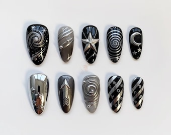 Y2K Nails/Star Nails/Silver Cat Eye Nails/Black Press on nails long almond nails/Sparkle Nails/Black Nails/Star Nails/3D Silver Chrome nail