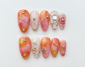 Sunset Ombre Press On Nails with Gold Star Accents, Orange Pink Gradient Almond Nails, Elegant Celestial Fake Nails, Handmade Reusable Set