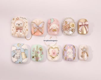 Hand Painted Kawaii Bear Short Oval Press On Nails/Butterfly & Bows Press On Nails/Fairy Heart Nails/Y2k Nails/Cute Nails