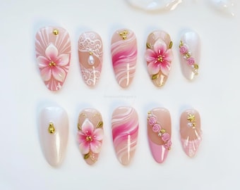 Blooming Pink Flower Bloom Press on nails long almond nails/3D Floral Nails/Yellow Nails/Holiday Nails/Summer Nails/3D Gel Birthday Nails
