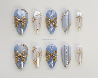 Baby Blue Press on nails short almond nails long/3D Shell nails/Bow Nails/Blue Nails/Pearl White Nails/Kawaii Nails/Holiday nails