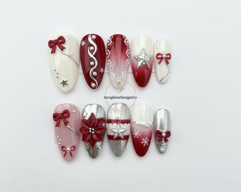 Handmade Gel Press On Nails | Luxury Holiday Nail Set with Bow, Pearl | Custom Xmas Nail Art Gift 2025