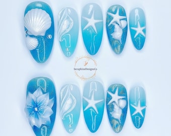Ocean Blue 3D Beach Nails – Handmade Summer Press On Nails with Shell, Starfish & Flower Designs – Glossy Mermaid Jelly Nail Set