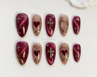 Burgundy Cat Eye Press on Nails | Gold Cross Heart Charm Fake Nails | Gothic Vampire Whimsigoth Art | Dark Coquette Reusable Gift Set