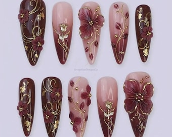 Bordeauxrode 3D-bloempers op nagels | Gouden krulroze nepnagels | Luxe herfstbruiloft bloemsierkunst | Elegante herbruikbare stiletto-cadeauset