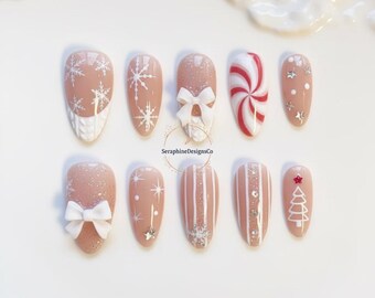 Christmas Nails/White Nails/Sweater Texture Nails/Winter Nails/Snow Nails/Christmas Press on nails long almond nails/Elegant nails Cute