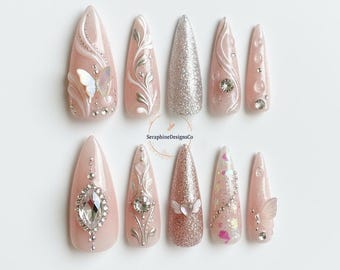 Butterfly Diamond Blue & White Ombre Press on Nails | Oil Painting Nails | Elegant  Nails | Summer Nails | High Quality Nails - Etsy