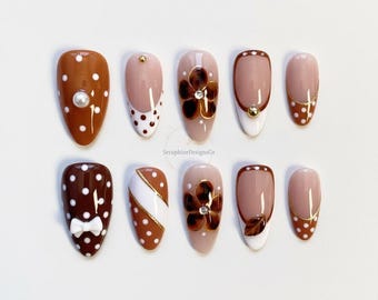 Ongles mignons à pois d'automne/Bloom Brown Appuyez sur les ongles Ongles courts/Kawaii/Ongles d'automne/S Ongles d'anniversaire/French Ongles mignons/Fleur
