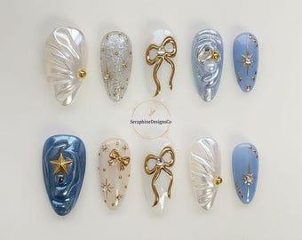 Baby Blue Press on nails short almond nails long/3D Shell nails/Bow Nails/Blue Nails/Pearl White Nails/Kawaii Nails/Holiday nails