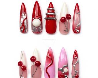 Cherry Bomb Press On Nails | Red & Pink Fruit-Inspired Nail Art | Handmade 3D Stiletto Nail Set | Cute Fruit-Inspired Nails
