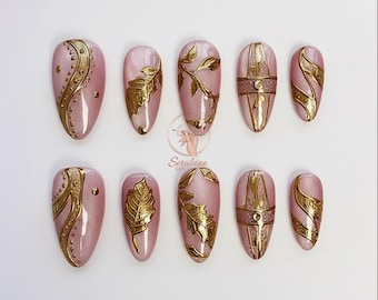 Gold Floral Pink Cat Eye Press On Nails Short Almond Nails/Bling Nails/3D Gold Chrome Nails/Wedding Nails/Glitter Nails/Birthday Nails