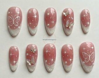 Fairy Jelly Rose Blush French Style Star White Cat eye 3d Butterfly Nails | Reusable Custom Handmade Press on Nails | Twinkle Cute nails