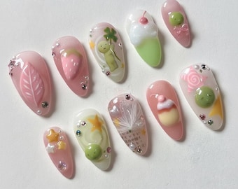 Kawaii Smiski Press On Nail, Leuke en speelse acrylnagels, Smiski- en dessertnagelkunst, schattige nepnagels, schattige nagels, cartoonnagels