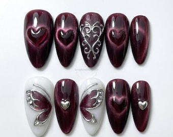 Bordeauxrode Cat Eye-persnagels • Zilveren chroomkleurige vlindervleugel • 3D-hart Gothic Y2K • Donkerrode magnetische kunstnagelset