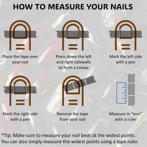 Op de afbeelding: Een gids over het meten van nagels, met diagrammen en tekstinstructies. De stappen omvatten het plaatsen van tape, het vormen van vouwen, het markeren van zijkanten, het verwijderen van tape en het meten in mm met een liniaal. De tekst bevat ook een tip.