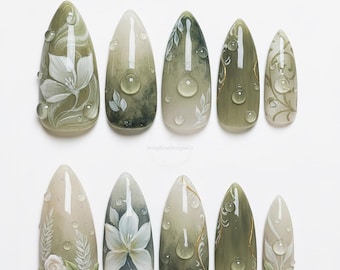 Enchanted Green Short Press On Nails | Sage Green Floral Nails | Water Reflection Nail Art | Botanical Aesthetic | Elegant Almond |
