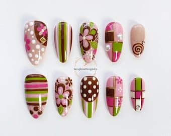 Ongles Boho rétro automne/Presse rose sur les ongles Ongles longs en amande/Ongles roses/Ongles bruns/Ongles à pois Ongles de style Pop Art Français/années 70