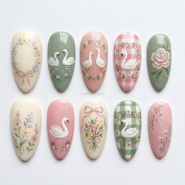 Vintage Swan Lake Press On Nails, Pastel Pink Green Gingham Fake Nails, 3D Bow Floral Wreath Art, Cute Cottagecore Spring Easter