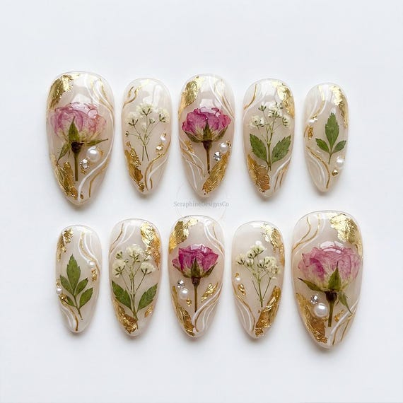 Real Dried Flower Press On Nails, Gold Foil Botanical Fake Nails, Milk Tea White Floral Nail Art, Vintage Wedding Spring Garden Gift