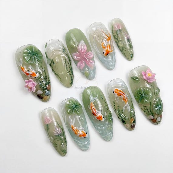3D Koi Fish Pond Press On Nails, Jade Green Lotus Flower Art, Water Ripple Texture Nature Nails, Handmade Summer Zen Garden Fake Nails