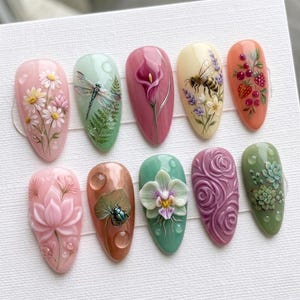 Uñas postizas 3D con diseño de jardín botánico / Uñas postizas con diseño floral de insectos primaverales / Arte de libélulas, abejas y suculentas / Uñas postizas personalizadas hechas a mano