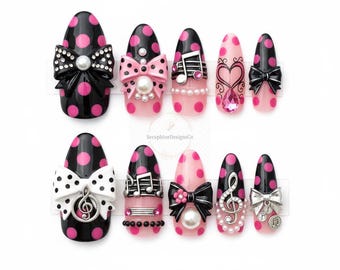 Coquette Melody Press On Nails – Pink and Black Polka Dot Nails with Bows, Pearls, and Charms, Cute 3D Nail Art, Handmade Gel Press Ons