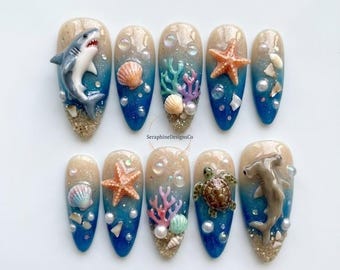 Ocean Press On Nails 3D Haai Schildpad Zeester Zeeschelp Ontwerp Blauw Ombre Handgemaakte Zomer Strand Nagelset Luxe Art Nagels