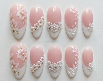 Elegant Pink White Press On Nails, 3D Floral Wedding Nail Art with Pearl Gold Detail, Soft Bridal Handmade Nails