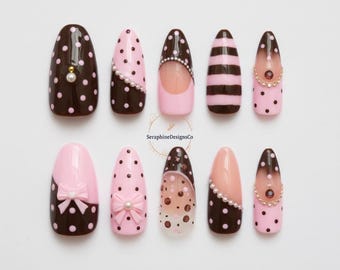 Choco Strawberry Polka Dot Press-On Nails – Cute Pink & Brown Almond French Tip Set, Retro Reusable Nails Set