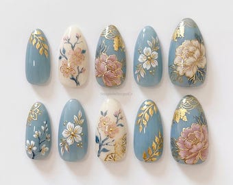 Blauw goud porselein bloemen pers op de nagels, luxe pioenroos bloem goudfolie nepnagels, elegante bruiloft Chinese stijl kunst, uniek cadeau