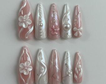 Pearl White Press On Nails | 3D White Floral Nail Art | Elegant Bridal Press Ons | Sculpted Luxury Nails | Wedding Day Nails