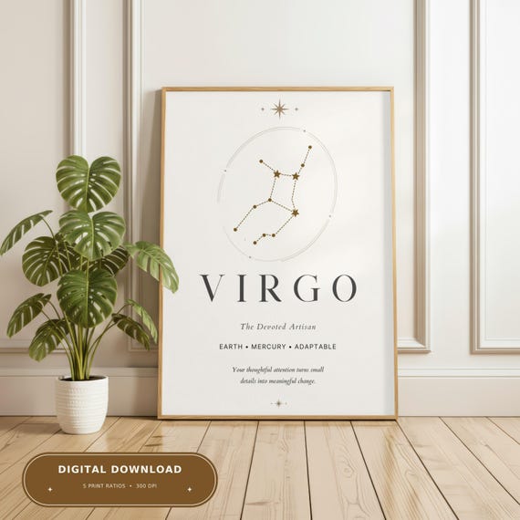 Virgo Zodiac Wall Art, Minimalist Constellation Poster, Neutral Celestial Printable, Instant Download