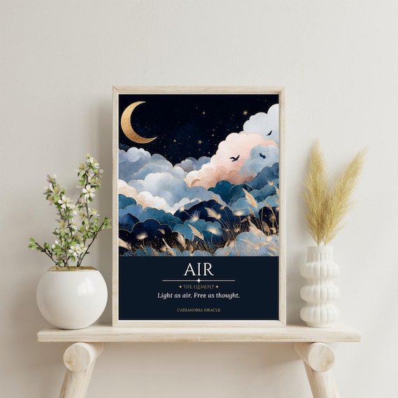 Air Element Art Print | Celestial Clouds, Moon, Birds (Digital Download)