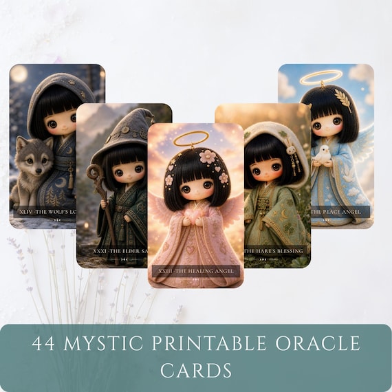 44 Mystic Kokeshi Oracle Cards, Witchy Intuitive Guidance (Digital Download)