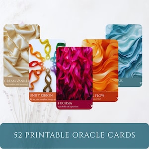 May include: A set of 52 printable oracle cards featuring vibrant imagery. Individual cards display various textures and colors, including cream vanilla, a unity ribbon, fuchsia, flow, and blue grass, with printed text labels and numbers.