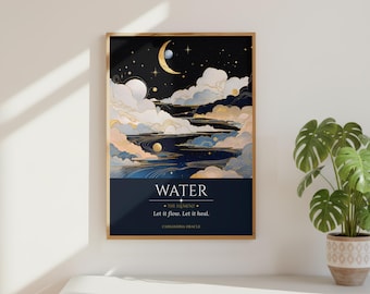 Lámina artística del elemento agua / Paisaje acuático celestial iluminado por la luna, póster de nubes arremolinadas (descarga digital)