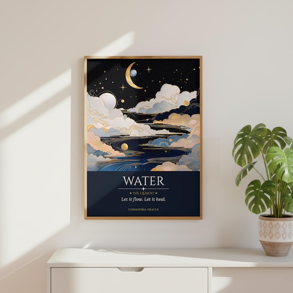 Water Element Art Print | Celestial Moonlit Waterscape, Swirling Clouds Poster (Digital Download)