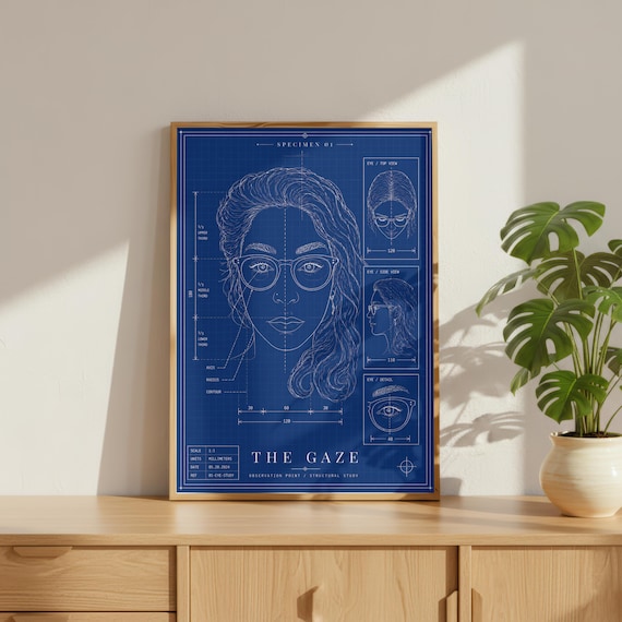 Blueprint Art Print — The Gaze Face Study | Sacred Feminine Technical Diagram | Navy Blue Wall Art | Digital Download