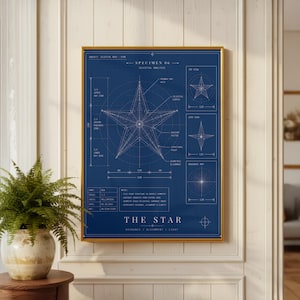 May include: A framed blueprint-style print featuring a detailed star diagram with measurements and annotations. The print is in a gold frame and has a dark blue background. The text "THE STAR" is at the bottom.