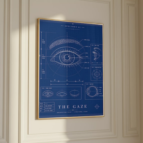 Blueprint Art Print — The Gaze Eye Study | Anatomical Eye Poster | Navy Blue Mystical Wall Art | Digital Download