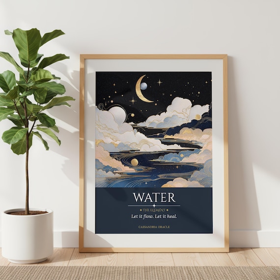 Water Element Art Print | Celestial Moonlit Waterscape, Swirling Clouds Poster (Digital Download)