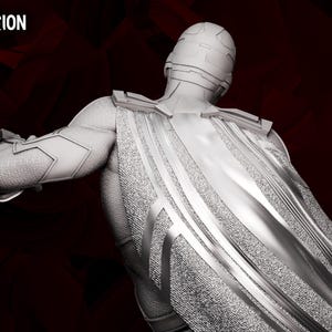 May include: A grayscale sculpture of a character from the WandaVision series. The figure is wearing a textured suit with a cape and helmet. The words "WandaVision Diorama" and "Wicked" are visible.