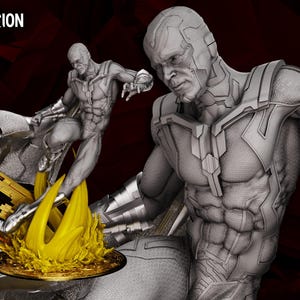 May include: A detailed grey diorama featuring two Vision figures from the WandaVision series. One figure is mid-flight above a golden base with yellow flames. The diorama has the text "WANDAVISION DIORAMA" and "WICKED" on it.