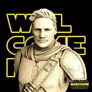 May include: A sepia-toned 3D model bust of a character from Star Wars, with the words "WELCOME" in yellow block letters. The character is wearing armor and a scarf. The Star Wars logo is in the bottom right corner.