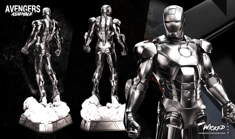 May include: A silver Iron Man statue in three views. The statue is on a white cloud-like base. The words "AVENGERS ASSEMBLE" are in the upper left corner. The statue is highly detailed with a metallic finish.